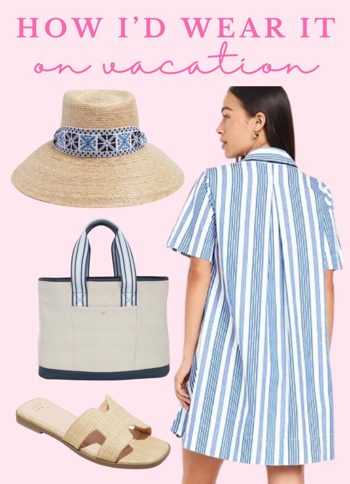 How I’d wear this affordable $24 Old Navy striped shirt dress on vacation! Paired with a raffia pair of Target sandals, Amazon tote bag, and adorable Sarah Bray Bermuda sun hat this embodies effortless vacation style. 

Old navy, casual dress, work dress, collared dress, sundress, white dress, summer style, vacation outfit, striped dress, travel outfit, raffia sandals, target sandals, h slides, boat tote, Amazon finds, Sarah gray Bermuda, sun hat 

#LTKfindsunder50 #LTKfindsunder100 #LTKsalealert