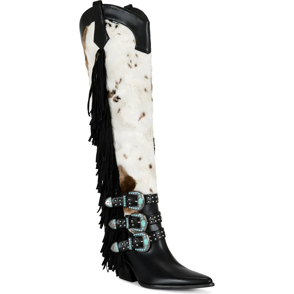 AZALEA WANG Gwayne Faux Fur Over the Knee Western Boot in Blackmulti at Nordstrom, Size 8 | Nordstrom