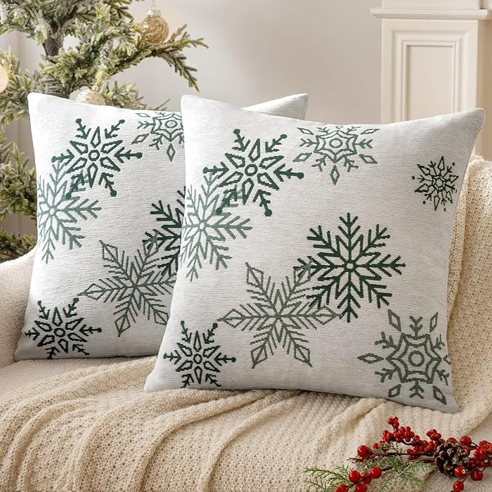 MIULEE Christmas 2 Pack White and Green Chenille Throw Pillow Covers Soft Pillow Cases with Snowf... | Amazon (US)