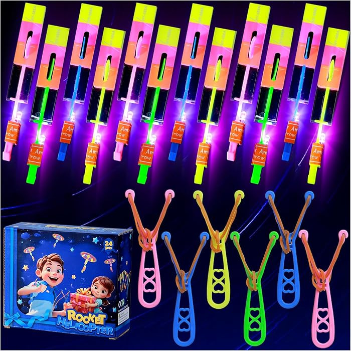 SCIONE 24 Sets LED Flying Set, 24 Slingshot+24 Glow Helicopter-48 Pcs, Flying Toy Outdoor Toys Gl... | Amazon (US)