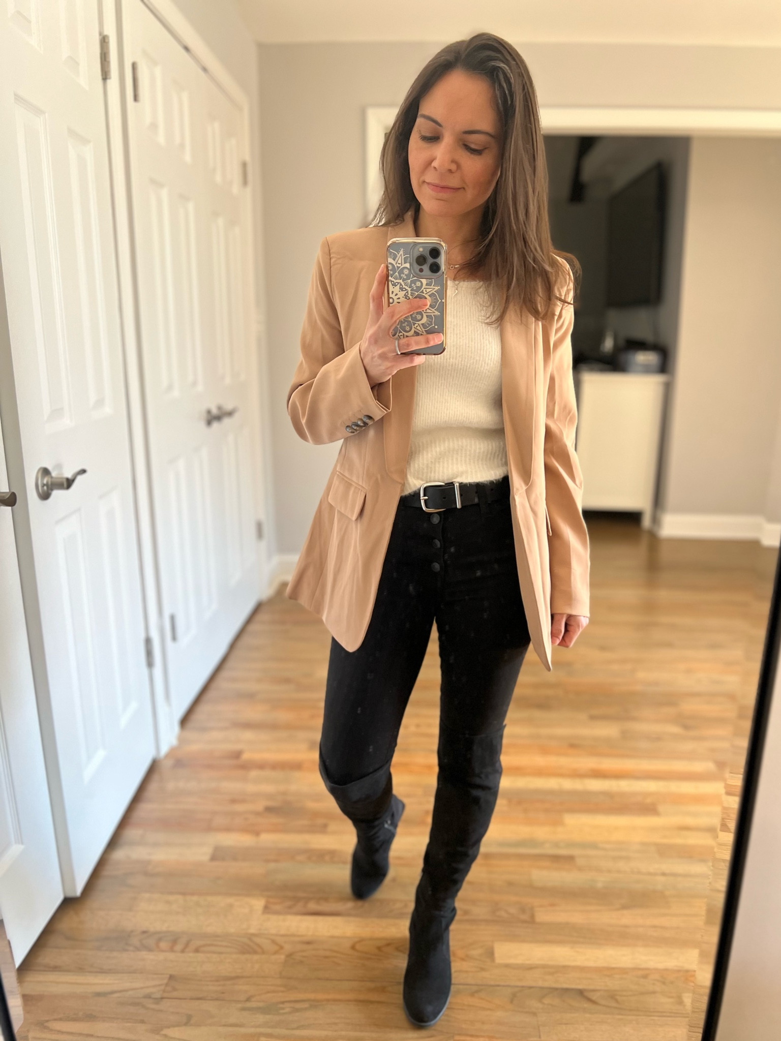 Professional lunch look.
Sweater, blazer, skinny jeans & otk boots. 

#LTKover40 #LTKSeasonal #LTKworkwear