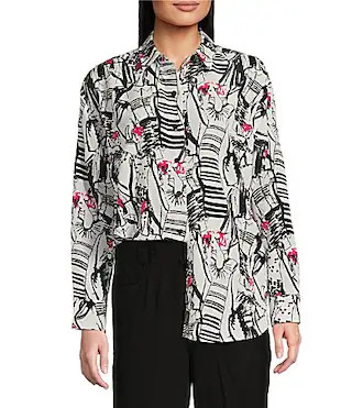 KARL LAGERFELD PARIS Silky Crepe Sketch Print Point Collar Long Sleeve Button-Front Blouse - L | Dillard's
