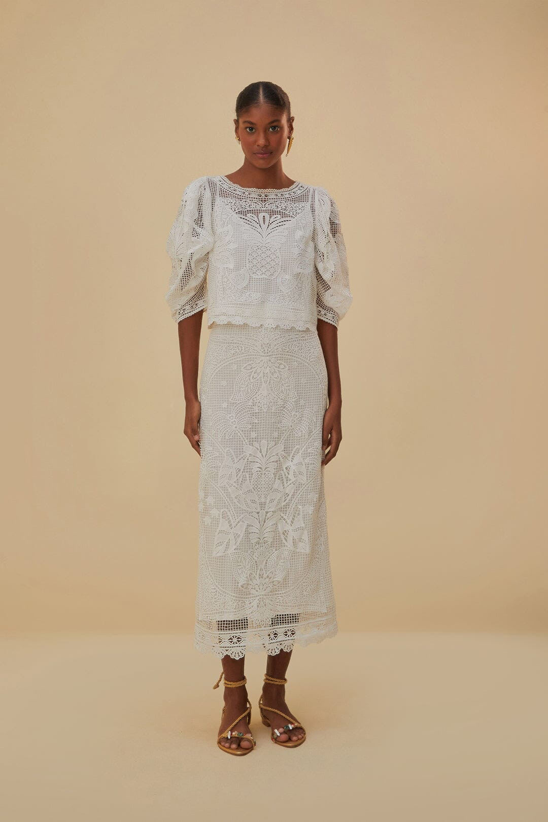 White Guipure Short Sleeve Blouse | FarmRio (US)