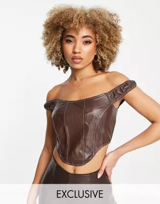 Missguided faux leather contrast stitch corset top in brown | ASOS | ASOS (Global)