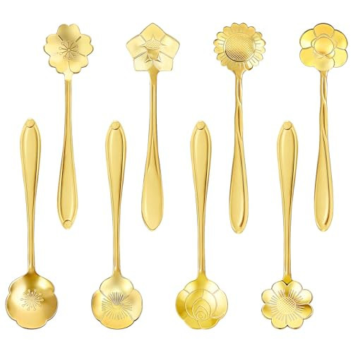 Dirvcp 8-Piece Flower Tea Spoon Set, Stainless Steel Gold Coffee & Dessert Spoons for Stirring, Creative Fancy Tableware for Tea Party, Cafe, Bar, Kitchen, and Home Decor (Golden) | Amazon (US)