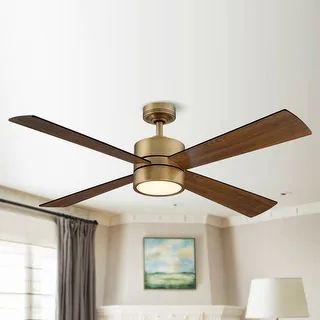 52" Wooden 4-Blade Brushed Brass LED Ceiling Fan with Remote | Bed Bath & Beyond