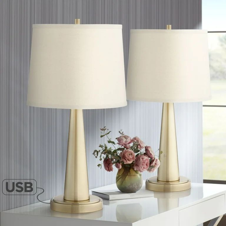 360 Lighting Modern Table Lamps 25" High Set of 2 with Hotel Style USB Charging Port Brass Beige ... | Walmart (US)
