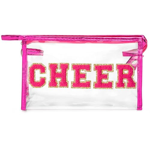 Y1tvei CHEER Clear Makeup Bag - Preppy Rose Red Cheer Chenille Patch Cosmetic Pouch Extra Large PVC Transparent Toiletry Carry Bag Portable Waterproof Travel Organizer Cheer Gift for Cheerleader | Amazon (US)