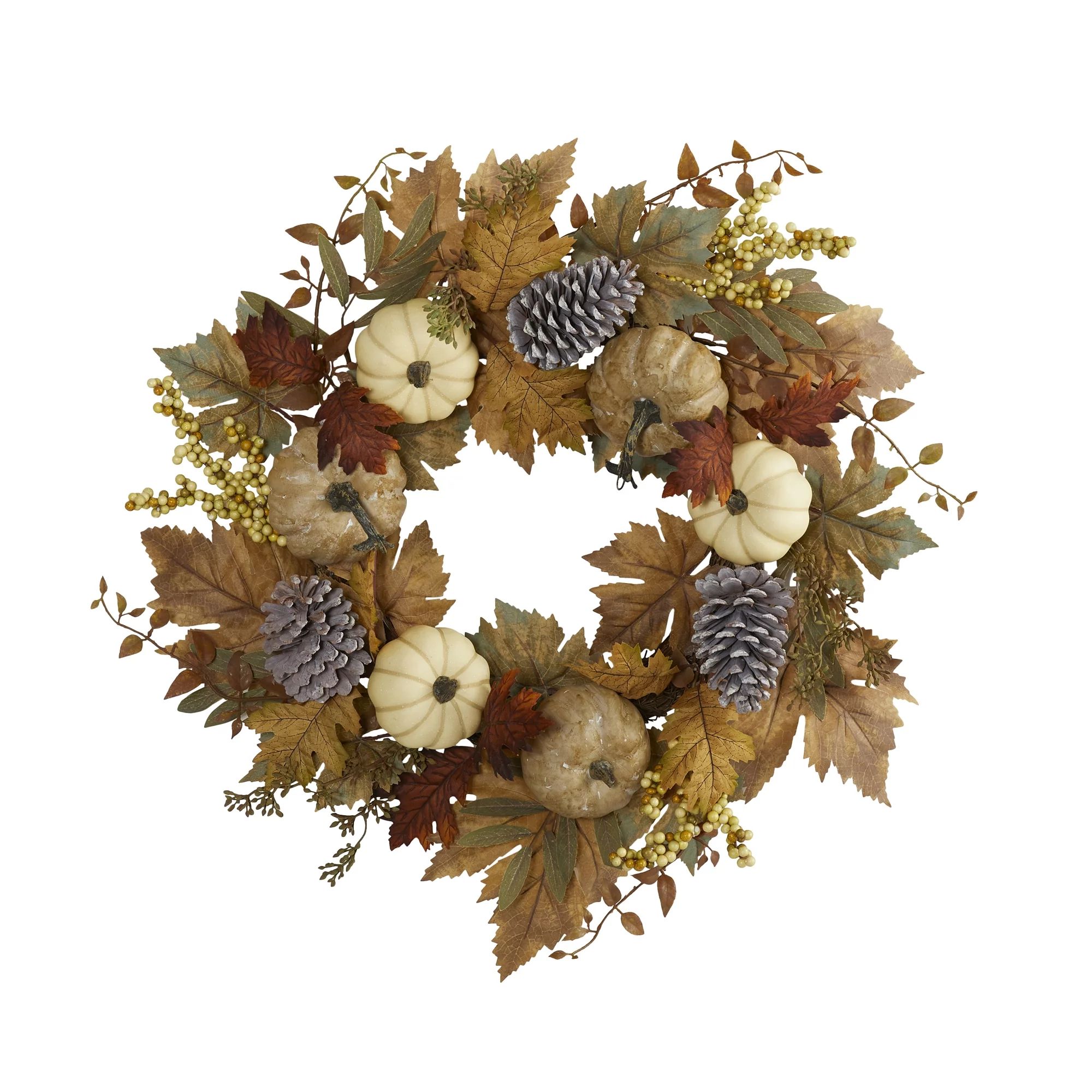 Nearly Natural 24in. Fall Pumpkins, Pine Cones and Berries Artificial Wreath, Green - Walmart.com | Walmart (US)