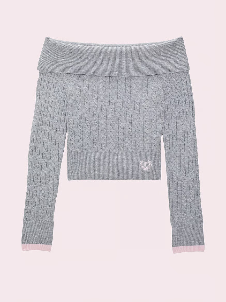 Buy PINK x LoveShackFancy Oﬀ-the-Shoulder Sweater, Vs Med Heather Grey - Order Sweaters online ... | Victoria's Secret (US / CA )
