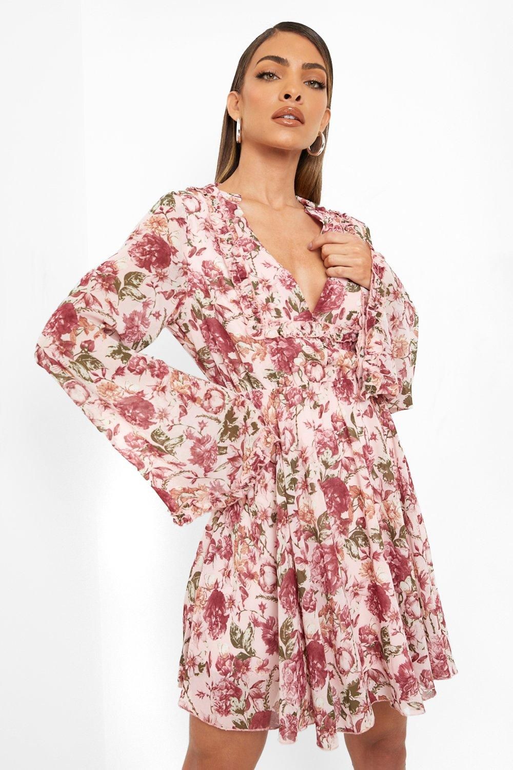 Floral Print Flared Sleeve Skater Dress | Boohoo.com (US & CA)