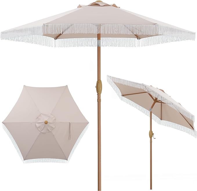 7.5Ft Patio Umbrella with Fringe Outdoor Tassel Umbrella w/Easy Crank for Yard, Poolside, Deck, B... | Amazon (US)