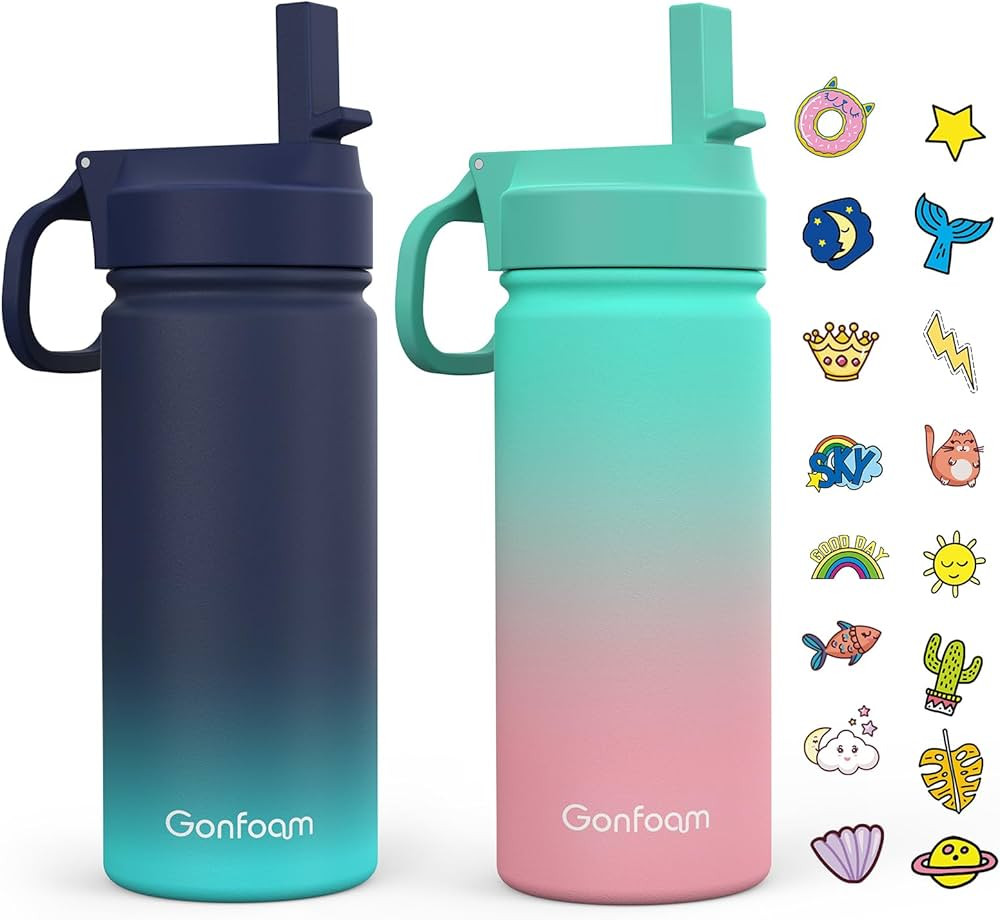Kids Water Bottle, 2-Pack 16oz Water Bottles Kids with Straw and Stickers, Stainless Steel Vacuum... | Amazon (US)