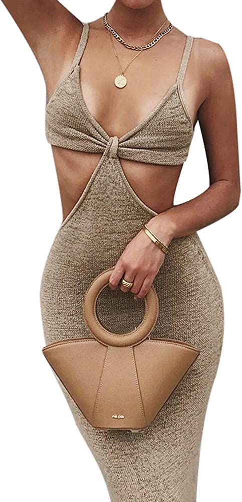 NUFIWI Womens Sexy Knitted Cut Out Spaghetti Strap Long Dresses Halter Neck Backless Maxi Dress C... | Amazon (US)