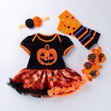 Baby Girl 4pcs Halloween Print Mesh Panel Bodysuit Set | SHEIN