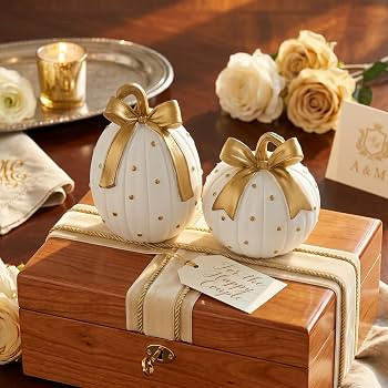 White and Gold Pumpkin Decor, 2Pcs Fall Bow Pumpkin for Thanksgiving | Amazon (US)