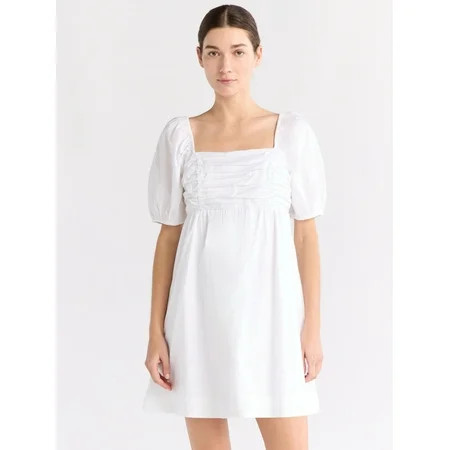 Free Assembly Women s Shirred Cotton Mini Dress with Puff Sleeves Sizes XS-XXXL | Walmart (US)
