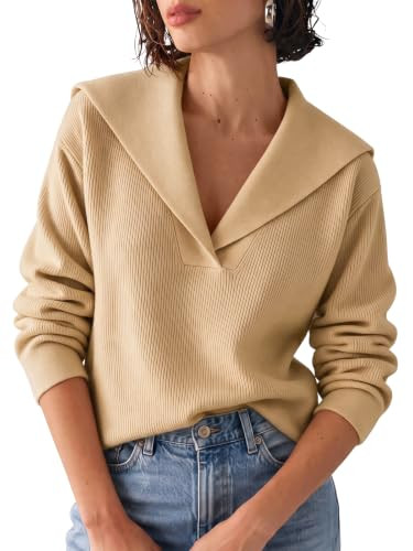 Cicy Bell Womens Pullover Sweaters Lapel Collar V Neck Long Sleeve Sweater | Amazon (US)