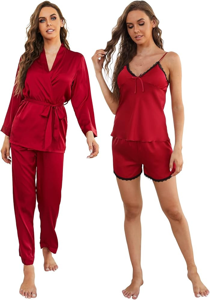 Arwser Women's Silk Satin Pajamas Set 4 Pcs Luxury Sleepwear Cami Top Pjs with Shorts and Robe | Amazon (US)