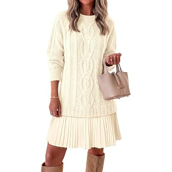Saodimallsu Womens Cable Knit Sweater Dress Patchwork Pleated Long Sleeve Crewneck Fall Chunky Pr... | Amazon (US)