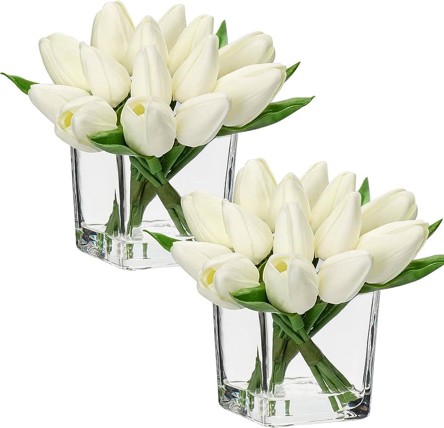 DILATATA 2 Pack Artificial White Tulips in Vase with Faux Water 5.5" Real Touch Flowers Fake Tuli... | Amazon (US)