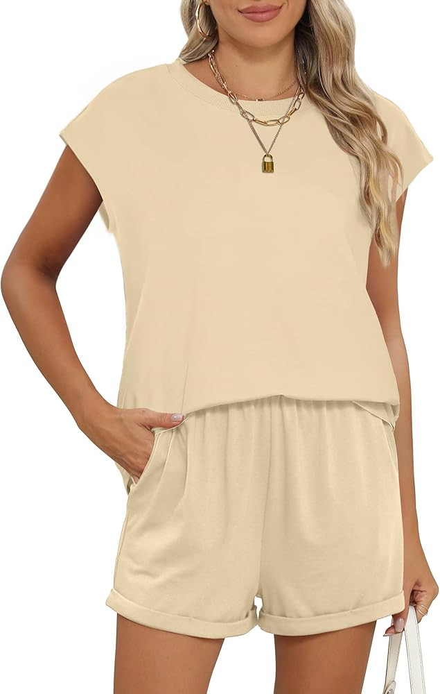 2 Piece Outfits for Women Lightweight Matching Lounge Sets Cap Sleeve Top and Elastic Waisted Sho... | Amazon (US)