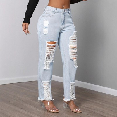 Women High Waist Distressed Ripped Denim Jeans With Relaxed Fit Frayed Hem Jean Pants Blue L | Target