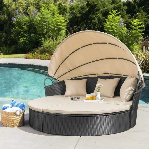 Walnew Outdoor Patio Round Daybed with Retractable Canopy Wicker Furniture Sectional Seating with... | Walmart (US)