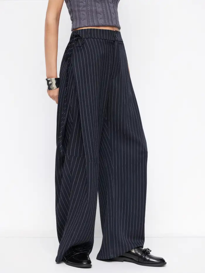 Woven Mid Rise Striped Side Knotted Barrel-leg Trousers For Work | Cider