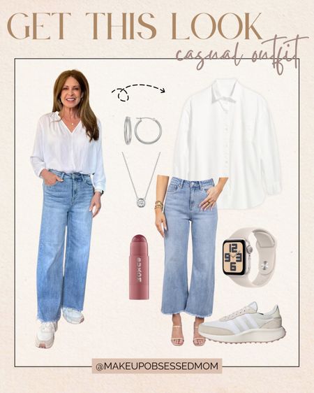 Wear this effortless casual outfit for spring and summer! A white button-down shirt, wide-leg pants, neutral sneakers, and more!
#womenover50 #everydaylook #capsulewardrobe #midlifestyle 

#LTKStyleTip #LTKShoeCrush #LTKSeasonal