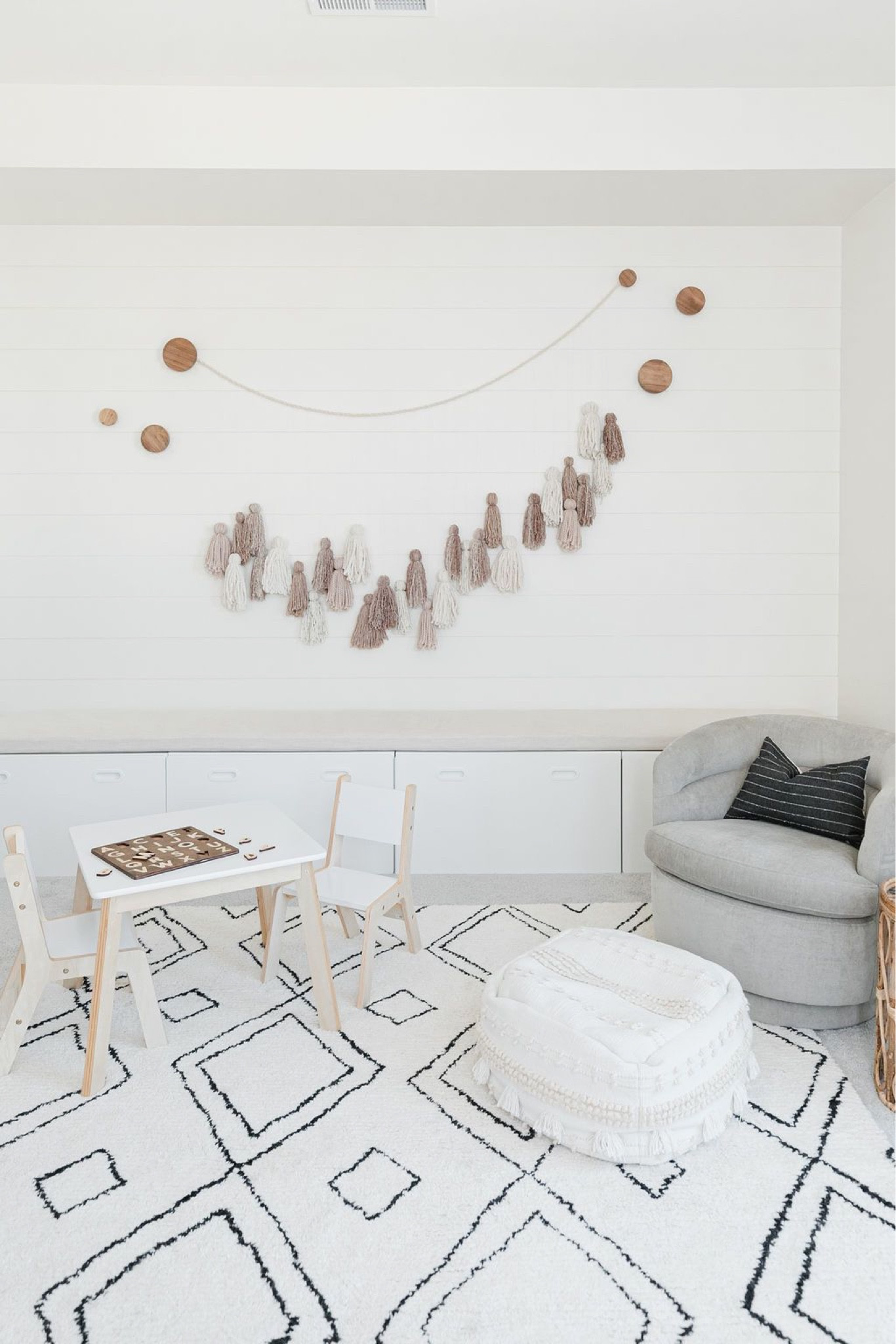 Kids playroom with an organization system for quick and easy clean up.

Playroom, rug, storage, hooks, ho e decor, kids table, pouf.

#LTKkids #LTKhome #LTKunder100