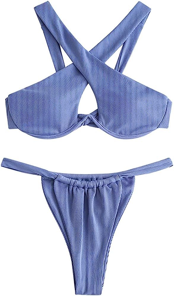 ZAFUL Women's Sexy Push-up Bandage Bikini Criss Cross Swimsuits Cheeky Two Pieces Swimwear | Amazon (US)
