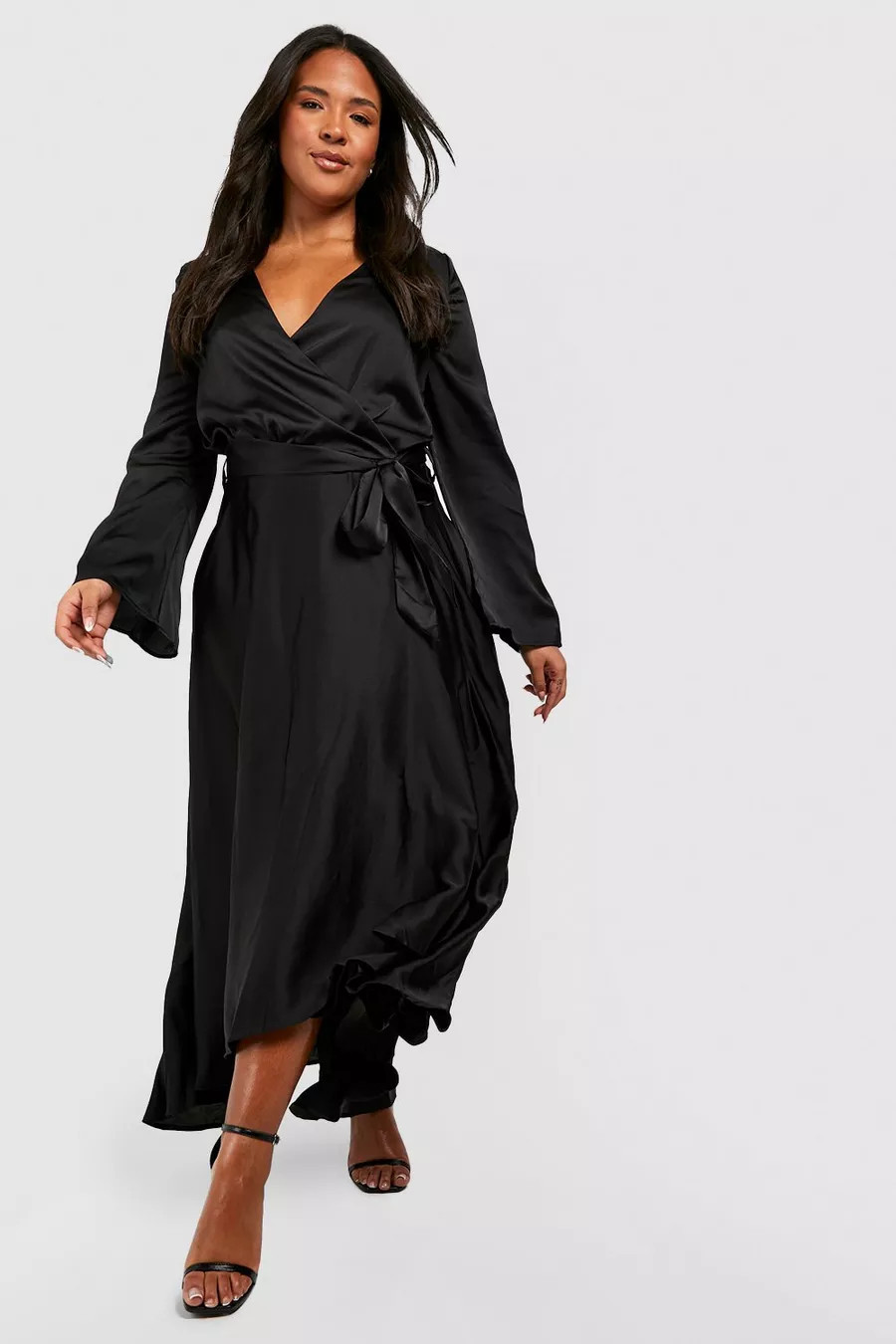 Plus Satin Belted Dipped Hem Skater Dress | Boohoo.com (US & CA)