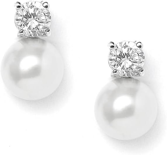 Mariell White Pearl Bridal Earrings with Cubic Zirconia Crystal Top, 9mm White Pearl Stud Earring... | Amazon (US)