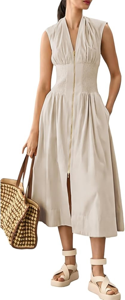 Womens Dress Deep V Neck Zip Up Cap Sleeve Smocked Elastic Waist Split Summer Casual Midi Dress w... | Amazon (US)
