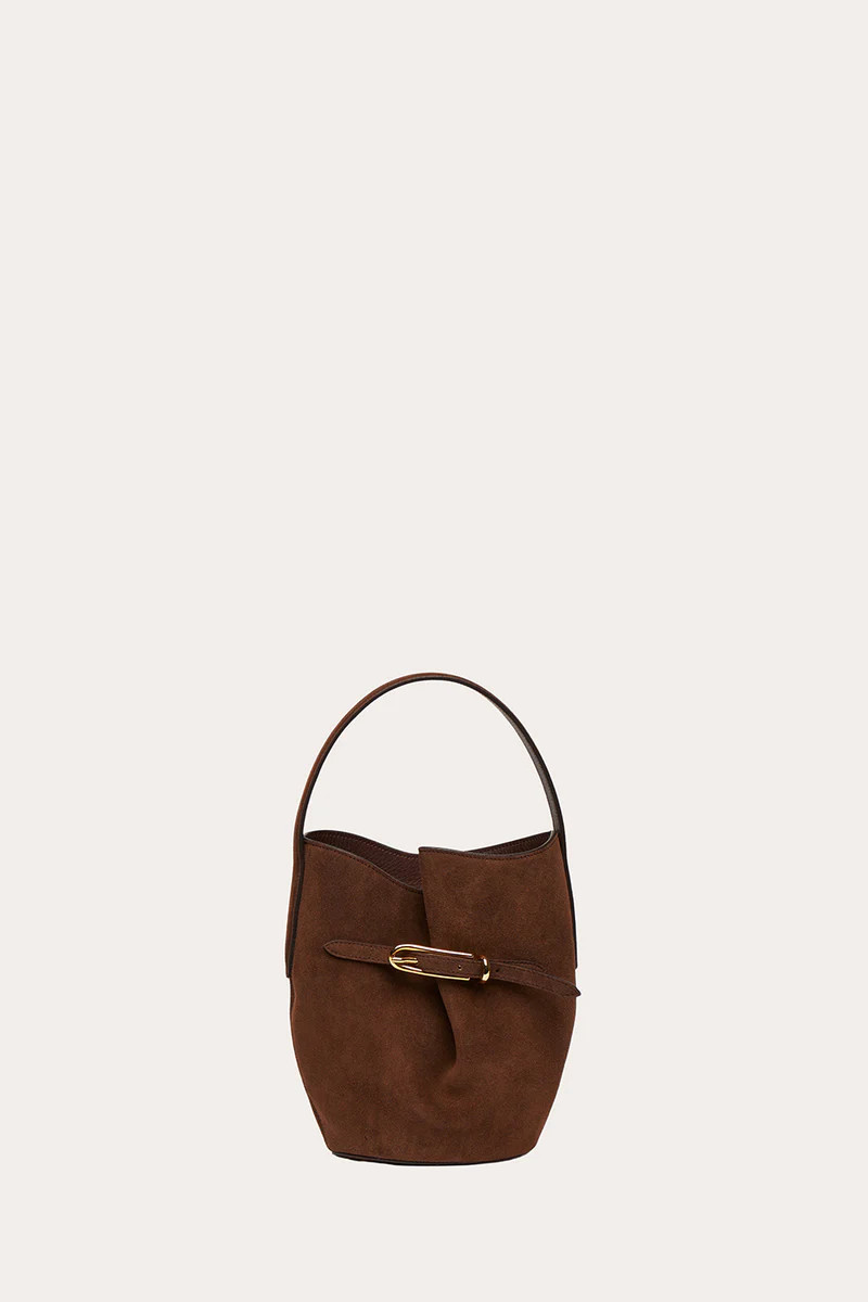 Belted Bucket Bag Mini Dark Brown Suede | LITTLE LIFFNER