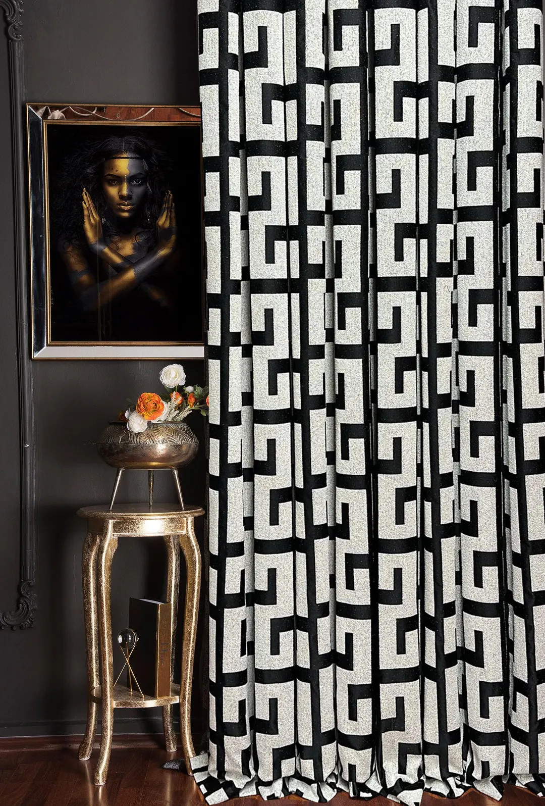 Luxury Black White Patterned Curtains , Custom Size Brown Drape , Modern Gray Beige Brown Livingr... | Etsy (US)