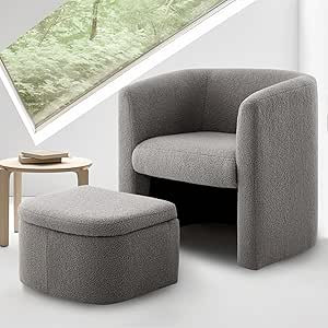 COLAMY Upholstered Sherpa Barrel Chair with Storage Ottoman Set, Modern Single Sofa Accent Lounge... | Amazon (US)