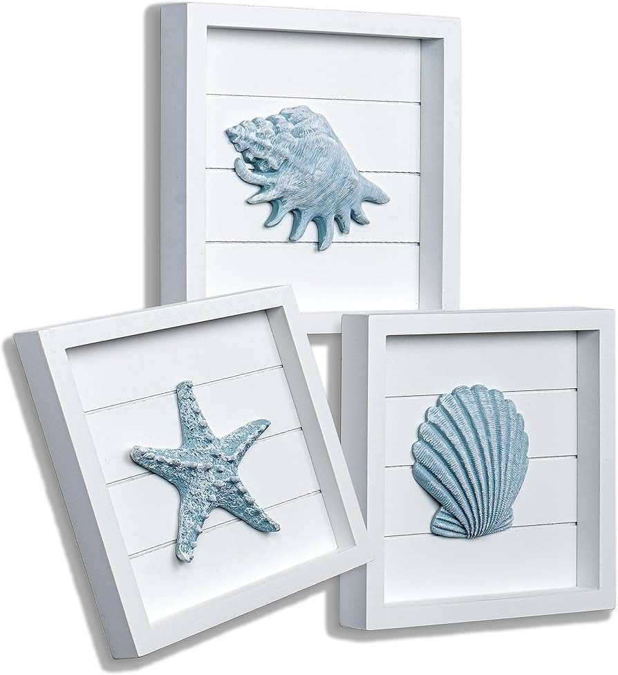 TideAndTales Blue Seashells and Starfish (Framed Set of 3) Coastal 3D Wall Art, Beach Wall Decor ... | Amazon (US)