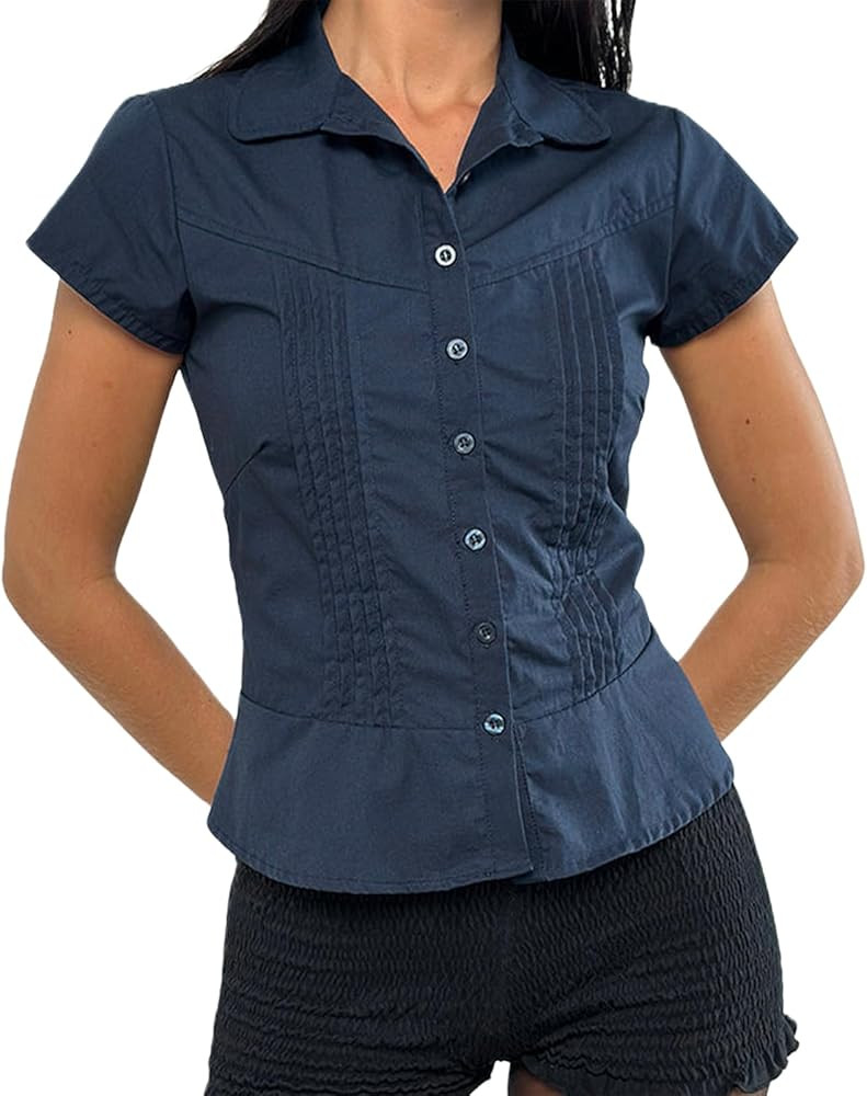 Women Y2k Short Sleeve Button Up Shirt Plaid V Neck Vintage Blouse Ruched Lapel Collar Blouse Top... | Amazon (US)