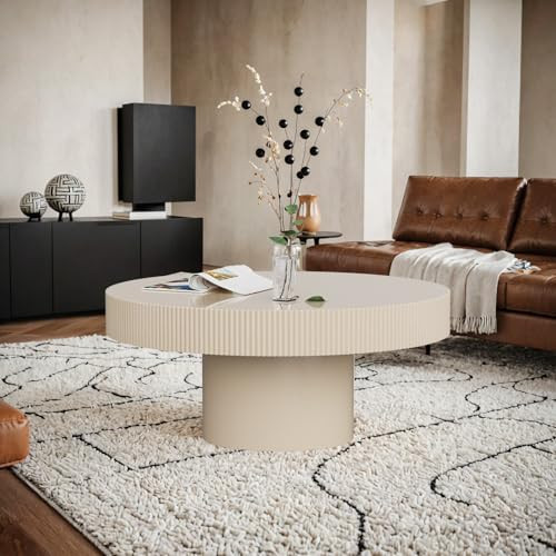 Round Drum Coffee Table Modern Wood Round Fluted Coffee Table Circle Coffee Tables Circular Pedestal Coffee Tables with Handcrafted Relief for Living Roo (G) | Amazon (US)