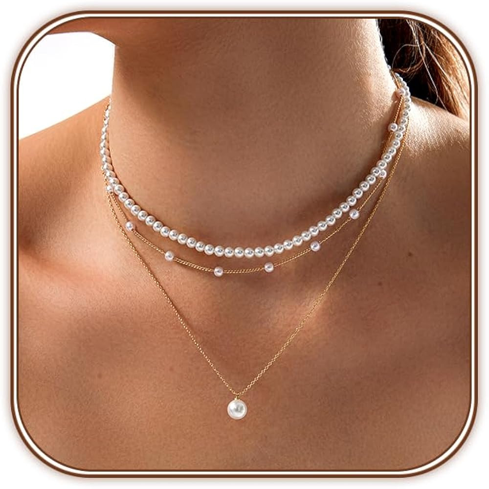Zeffy Gold Pearl Necklace for Women, Dainty 14K Gold/Silve Plated Layered Pearl Choker Pearl Earr... | Amazon (US)