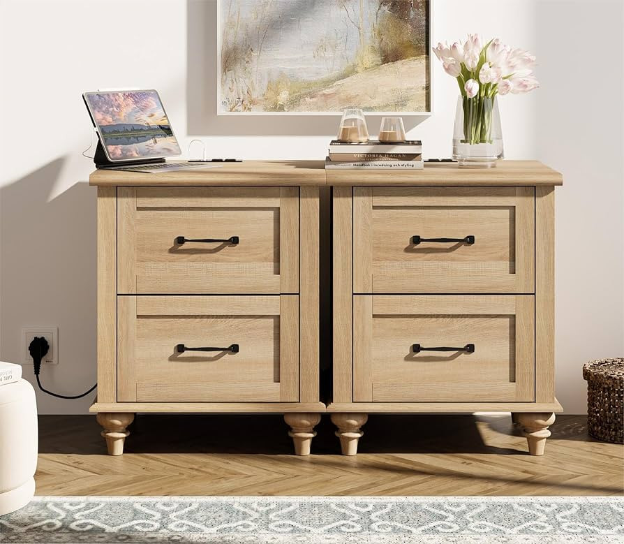 WAMPAT Nightstands Set of 2 Side Table with Charging Station, Light Wood End Tables with 2 Drawer... | Amazon (US)