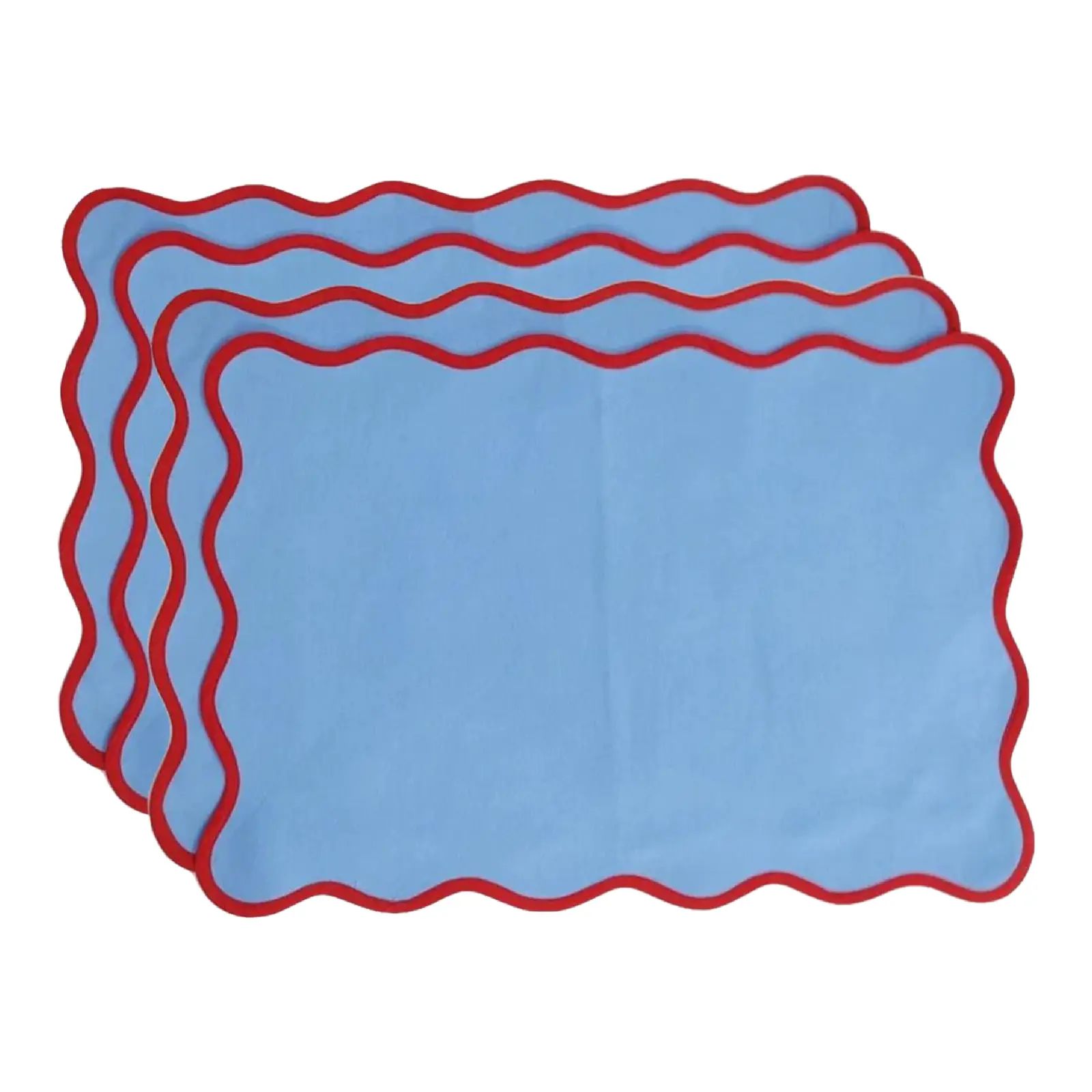 Handmade Scalloped Placemats, Light Blue with Red Piping - Set of 4 | Chairish
