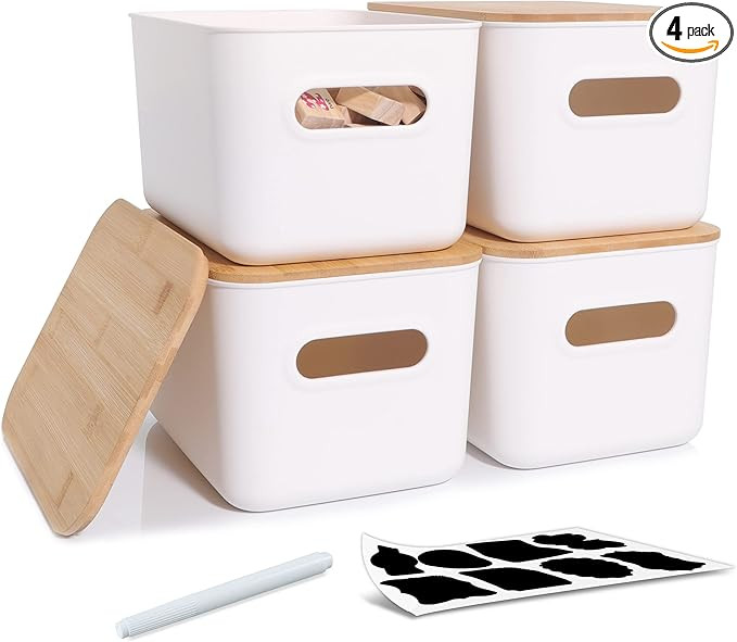 Citylife 4 PCS Storage Bins with Bamboo Lids Plastic Storage Containers for Organizing Stackable ... | Amazon (US)