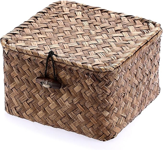 Hipiwe Seagrass Basket with Lid Wicker Storage Basket Square Handwoven Decorative Baskets Box for... | Amazon (US)