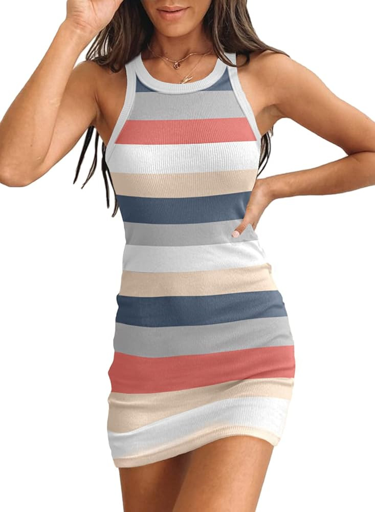Samefar Womens Ribbed Scoop Neck Sleeveless Tank Dresses Basic Bodycon Mini Dress | Amazon (US)