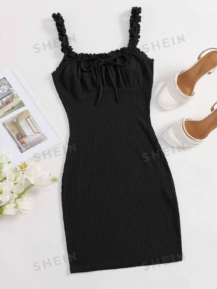 SHEIN EZwear Frill Trim Tie Front Ruched Bust Rib-knit Cami Dress | SHEIN