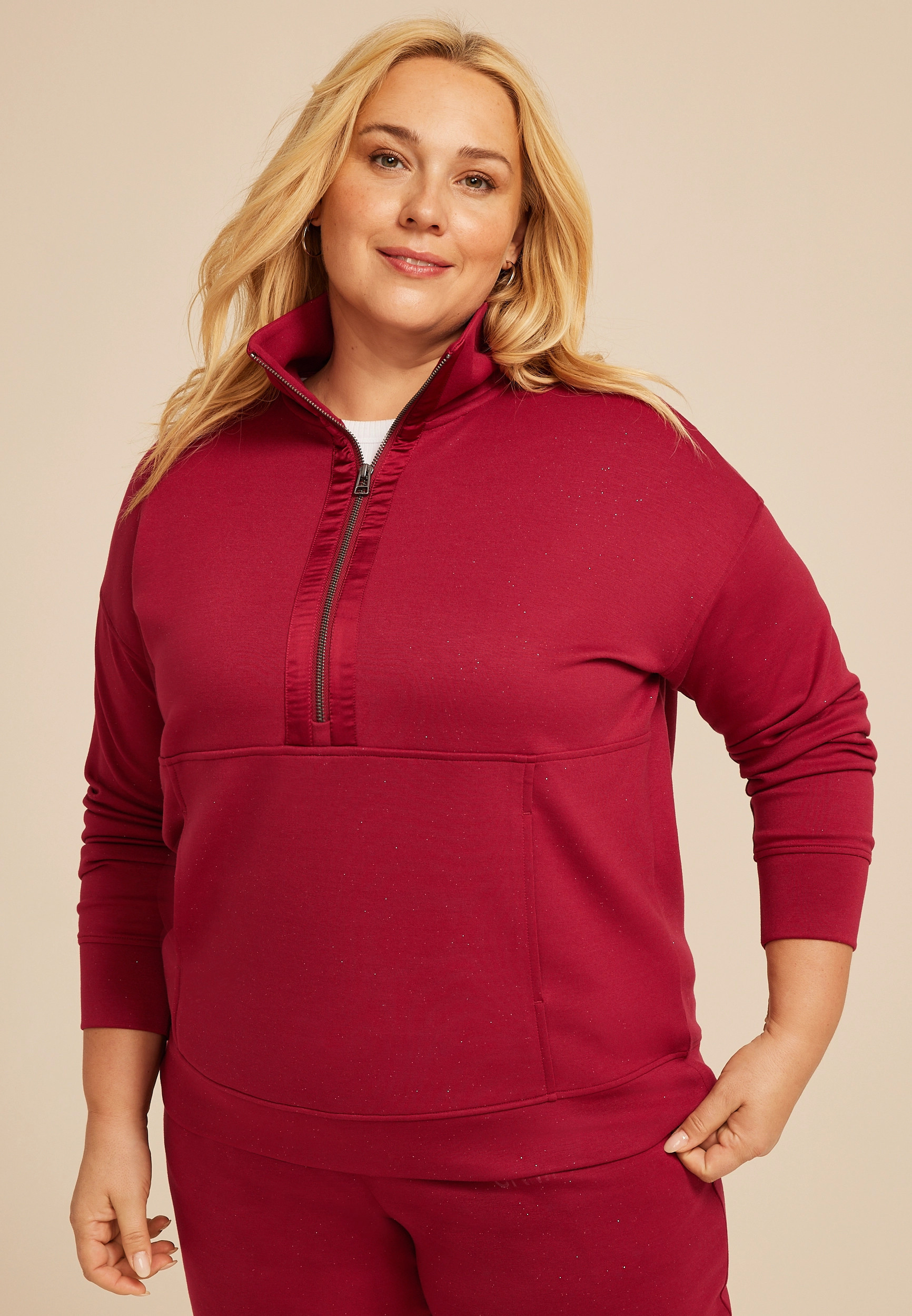 Maurices Plus Size Women's Sparkle Scuba Knit Half Zip Sweatshirt Red Size 3X | Maurices