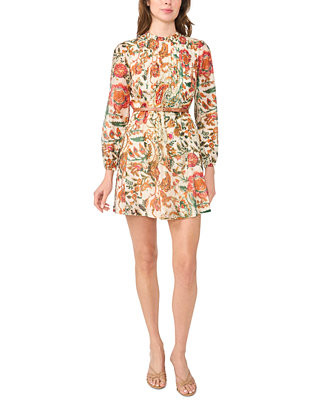 Petites Ruffle Mock Neck Floral-Print Long-Sleeve Dress | Macy's